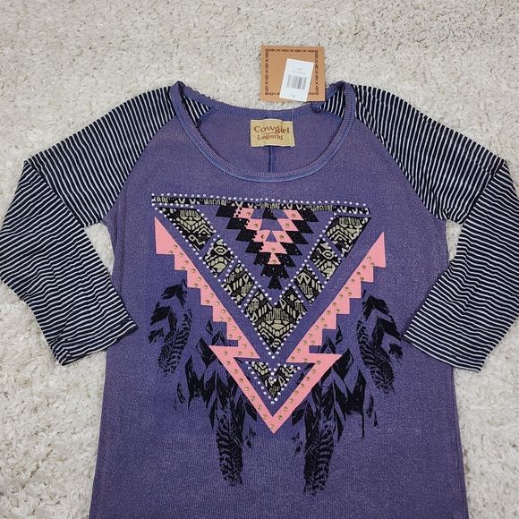 Cowgirl Legend Knit Tshirt Womens Large Purple Aztec Embellished Western Top - Picture 3 of 11